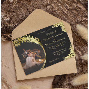 Invitation Elégant Or, Noir Avec Lys Mariage Photo