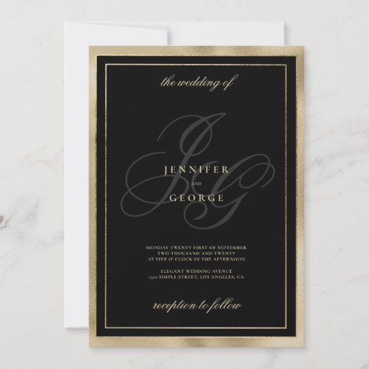 Invitation Élégant or noir monogramme initiales mariage de gl (Devant)