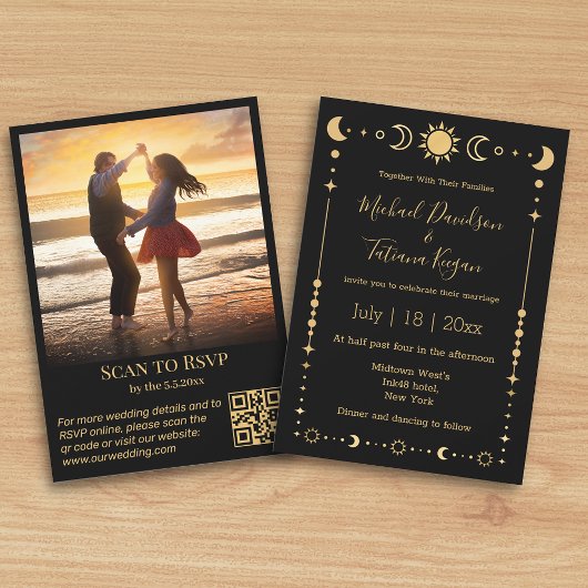 Invitation élégant or noir mystique photo code qr mariage