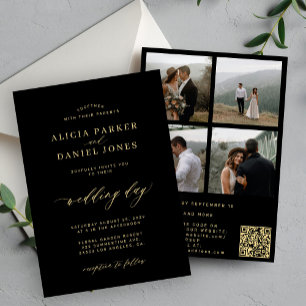 Invitation Elégant or noir photo QR code RSVP mariage