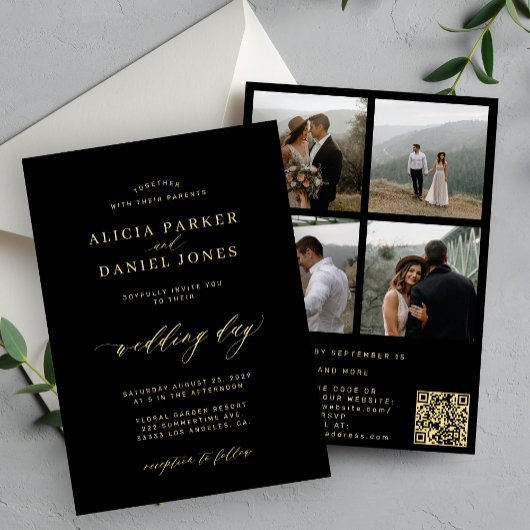 Invitation Elégant or noir photo QR code RSVP mariage