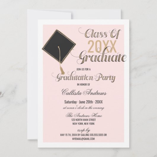 Invitation Elégant or noir rose Casquette Typographie Graduat (Devant)