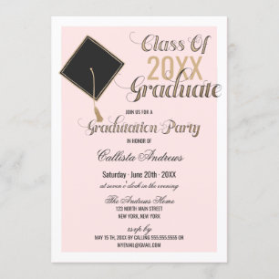 Invitation Elégant or noir rose Casquette Typographie Graduat