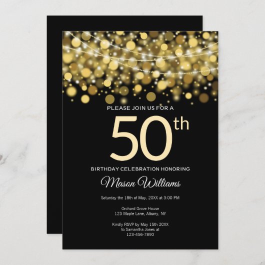 Invitation Elégant or Parties scintillant String lumières 50e (Devant / Derrière)
