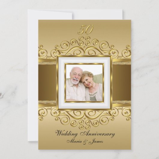 Invitation Elegant Or & Perle Tourbillon Photo 50e Anniversai (Devant)