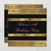 Invitation Elégant or rose floral 50e anniversaire fête Noir (Devant / Derrière)