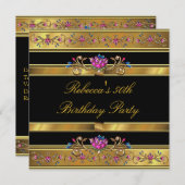 Invitation Elégant or rose floral 50e anniversaire fête Noir (Devant / Derrière)