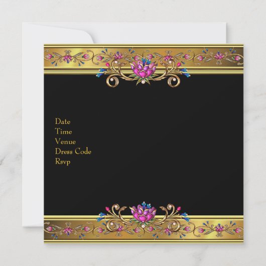 Invitation Elégant or rose floral 50e anniversaire fête Noir (Dos)