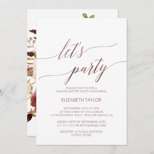 Invitation Élégant or Rose   Floral Back Let's Party