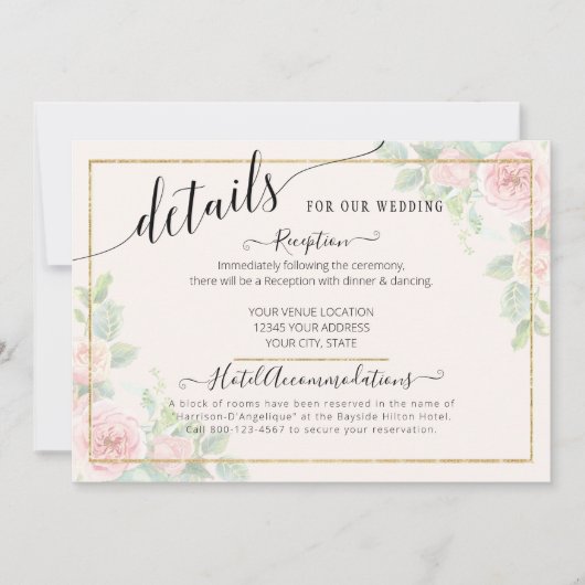 Invitation Élégant or rose floral Script Mariage Détails (Devant)
