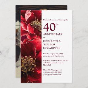Invitation Elégant or rouge florale 40e anniversaire Photo