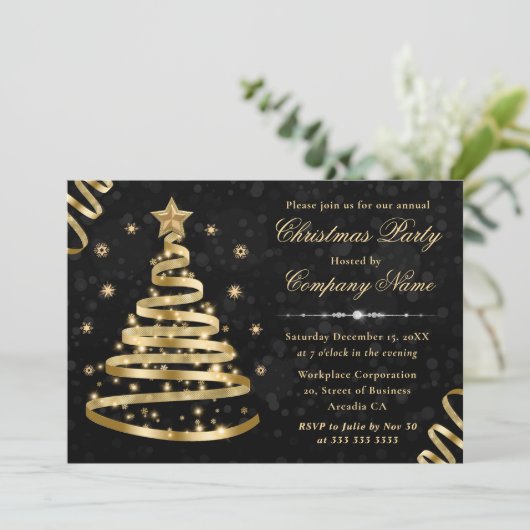 Invitation Élégant or Ruban Arbre à ruban Noël d'entreprise (Debout devant)