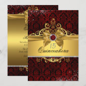 Invitation Elégant or rubis rouge Damask Quinceanera Invitati (Devant / Derrière)