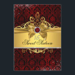 Invitation Elégant or ruby rouge Damask Sweet sixteen Invitat<br><div class="desc">Joyau rouge élégant et damas avec tiare or étincelant et arc. Plus de couleurs disponibles dans le petit magasin de baïleigh.</div>