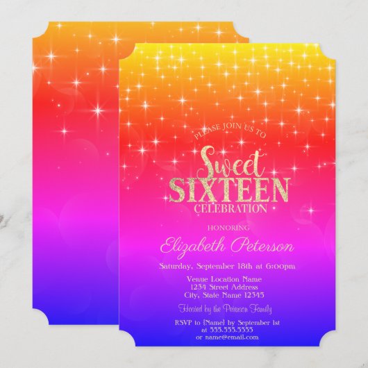 Invitation Elégant Or Stars Ombre Sweet 16 (Devant / Derrière)