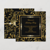 Invitation Elégant or sur noir Damas Floral fête d'anniversai (Devant / Derrière)