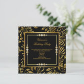 Invitation Elégant or sur noir Damas Floral fête d'anniversai (Debout devant)