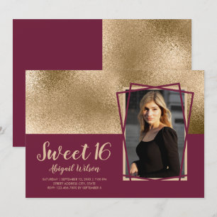 Invitation Elégant or & sweet sixteen bordeaux anniversaire