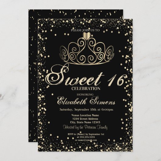 Invitation Elégant or Tiara Confetti Diamants doux 16 (Devant / Derrière)