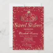Invitation Elégant or Tiara Diamonds Confetti Rouge Sweet 16 (Devant)