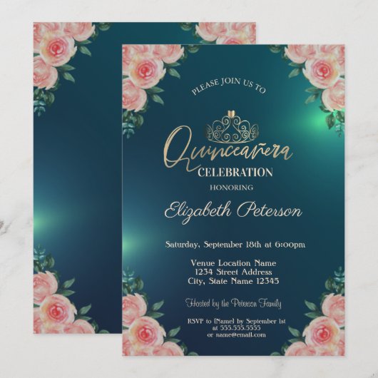 Invitation Elégant or Tiara Floral Rose Quinceañera (Devant / Derrière)