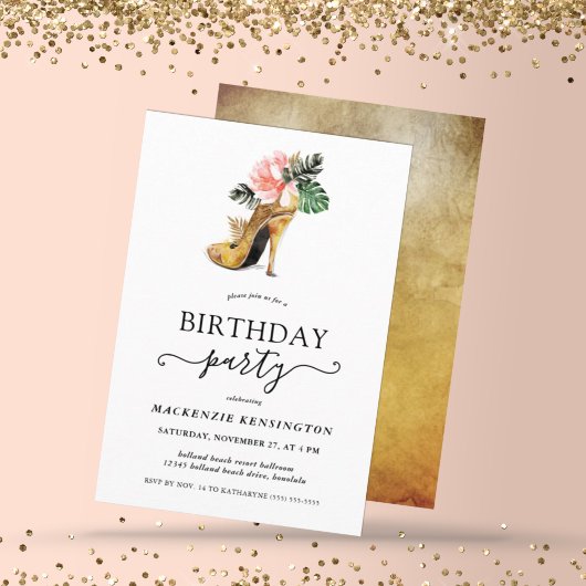 Invitation Elégant or Tropical Floral talons Or Anniversaire