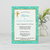Invitation Élégant or Turquoise Couronne Baptême (Debout devant)