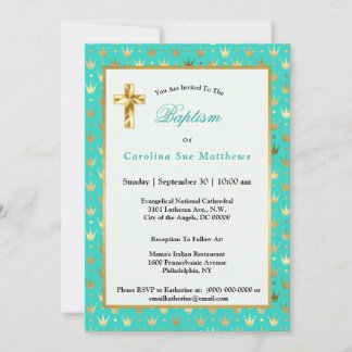 Invitation Élégant or Turquoise Couronne Baptême