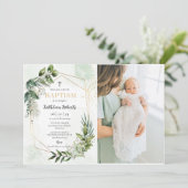 Invitation Élégant or vert floral feuillage Baptême Photo (Debout devant)