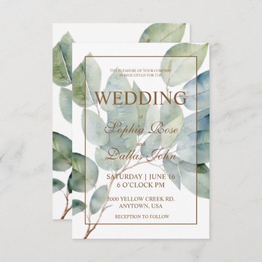 Invitation Élégant or vert vert vert vert Mariage calligraphi (Devant / Derrière)