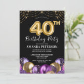 Invitation Elégant or violet ballons 40e fête d'anniversaire (Debout devant)