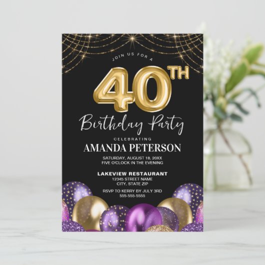 Invitation Elégant or violet ballons 40e fête d'anniversaire (Debout devant)