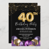Invitation Elégant or violet ballons 40e fête d'anniversaire (Devant / Derrière)