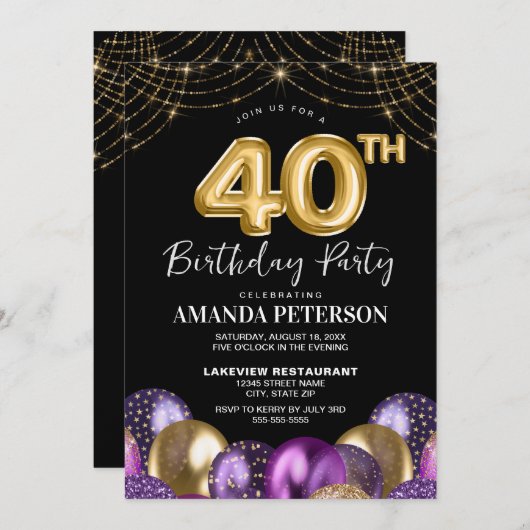 Invitation Elégant or violet ballons 40e fête d'anniversaire (Devant / Derrière)