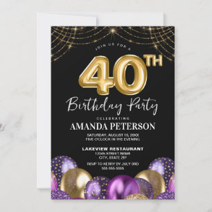 Invitation Elégant or violet ballons 40e fête d'anniversaire