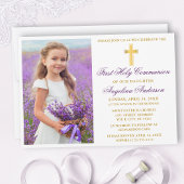 Invitation Elégant or violet première communion photo