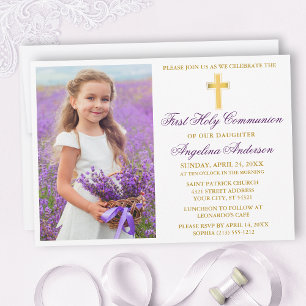 Invitation Elégant or violet première communion photo