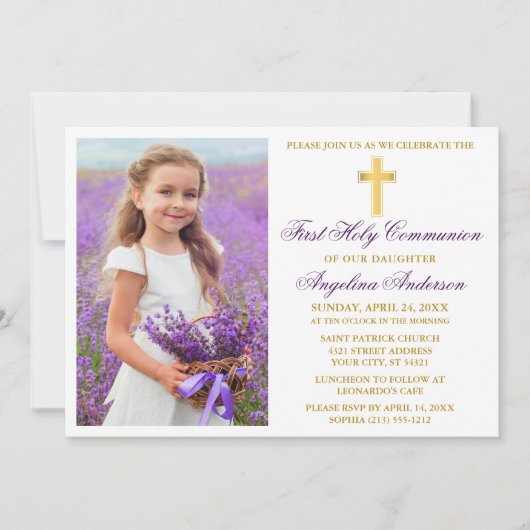 Invitation Elégant or violet première communion photo (Devant)