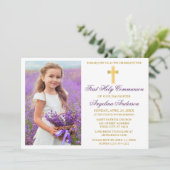 Invitation Elégant or violet première communion photo (Debout devant)