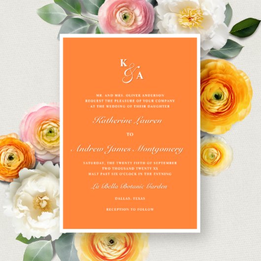 Invitation Élégant orange clair Monogramme Gras Mariage forme