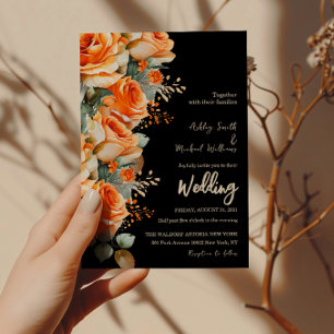 Invitation Elégant orange et noir Mariage floral