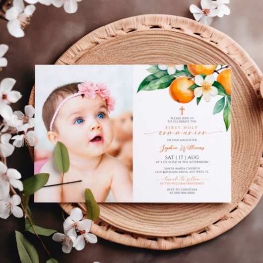 Invitation Elégant Orange Floral Photo Première Communion Sai