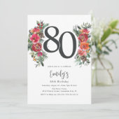 Invitation Elégant Orange & Flore Rouge 80e anniversaire (Debout devant)