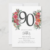 Invitation Elégant Orange & Flore rouge 90e anniversaire (Devant)