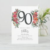 Invitation Elégant Orange & Flore rouge 90e anniversaire (Debout devant)