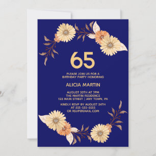 Invitation Elégant Orange Flower Gold Navy Bleu Anniversaire