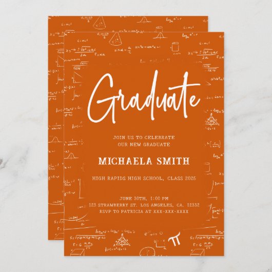 Invitation Elegant Orange Graduate Math Graduation (Devant / Derrière)