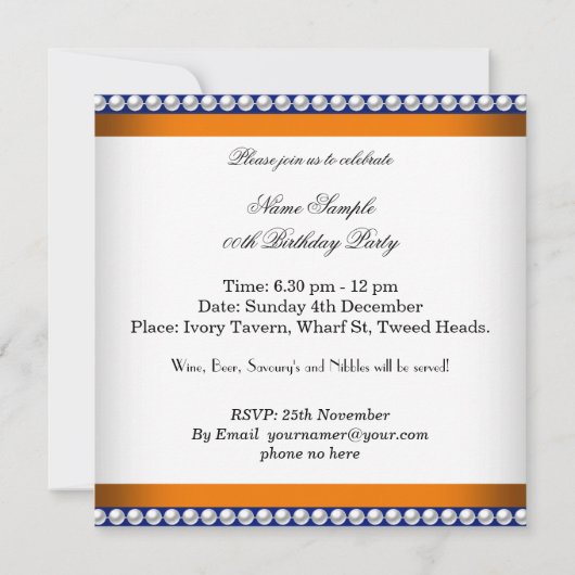 Invitation Elégant Orange Navy Blue Gold Damask Pearl Party (Dos)