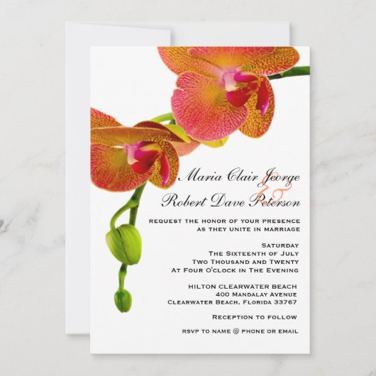 Invitation Elégant Orange Orchidées Tropical Beach Mariage (Devant)