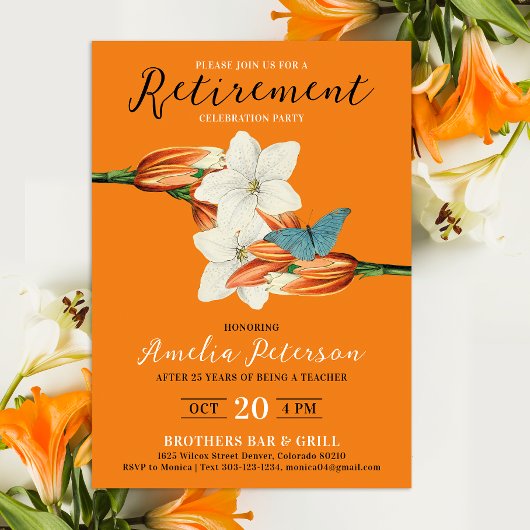 Invitation Élégant Orange Retire Retro Lily Floral
